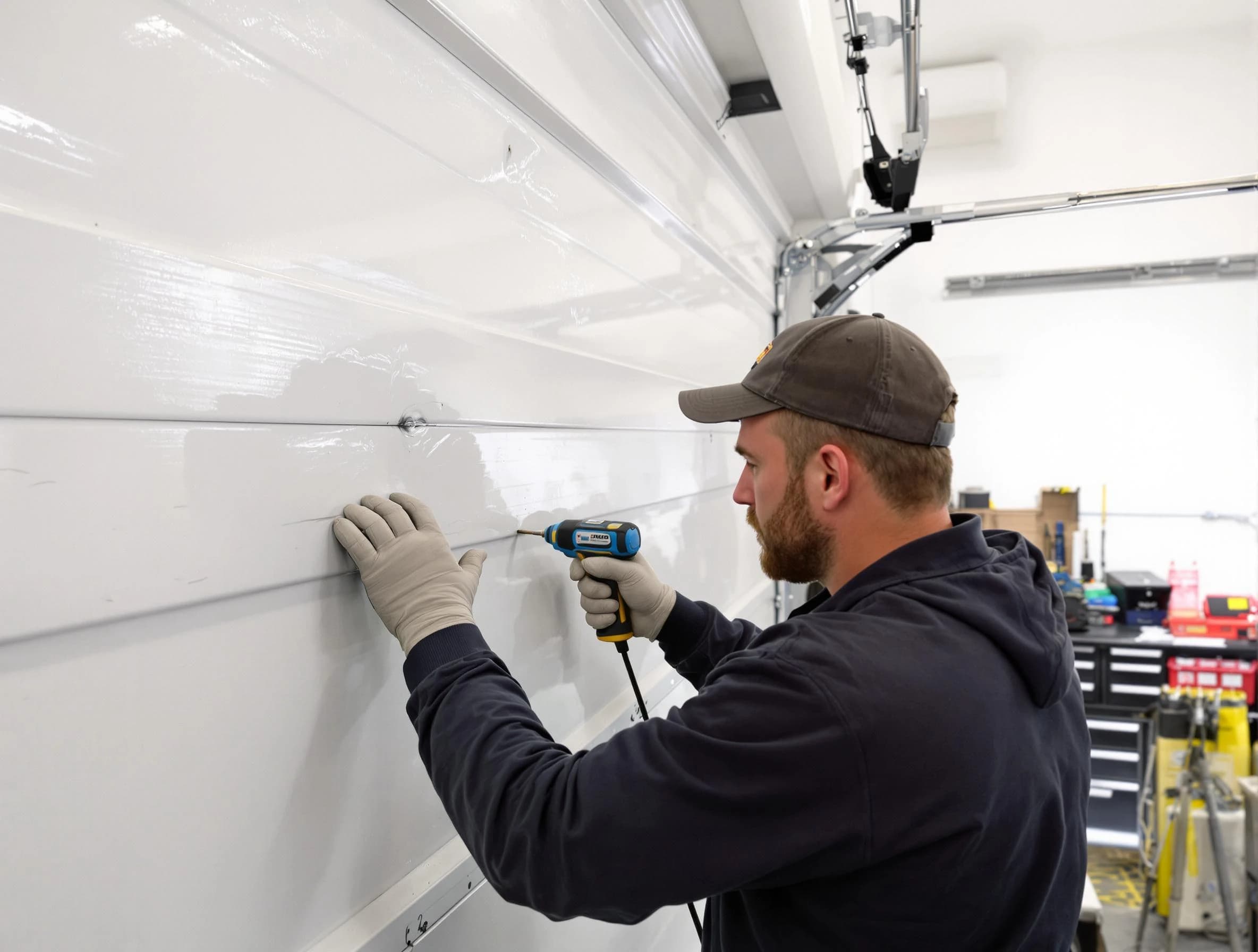 Pinson Garage Door Repair technician demonstrating precision dent removal techniques on a Pinson garage door